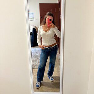 Anthropologie: rib-knit, button-front, long-sleeve V-neck cardigan/top.